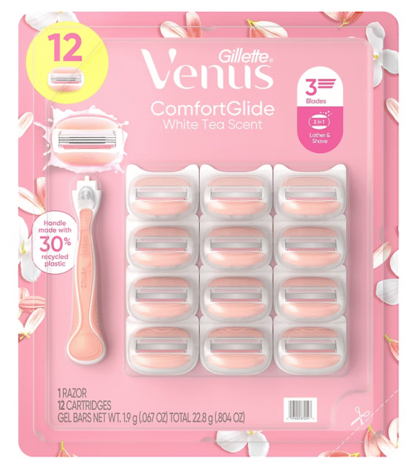 Gillette Venus ComfortGlide White Tea Scented Women's Razor, 3-Blades, 1 Handle + 12 Razor Blade Refills