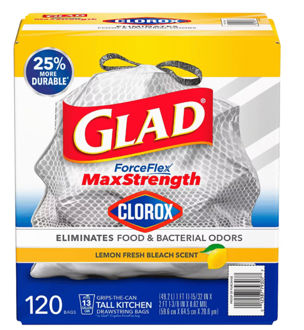 Glad ForceFlex MaxStrength with Clorox Tall Trash Bags - Lemon Fresh Bleach Scent, 120 ct./13 gal.