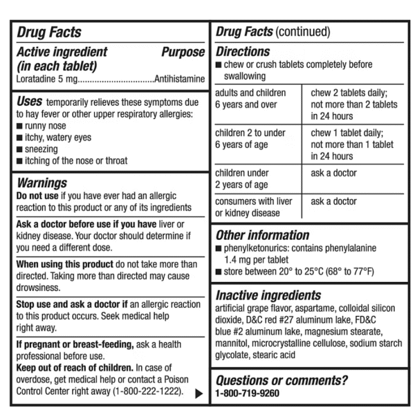 Children's Allergy Relief and Loratadine Chewable Tablets with Grape Flavor, 5mg - Image 2