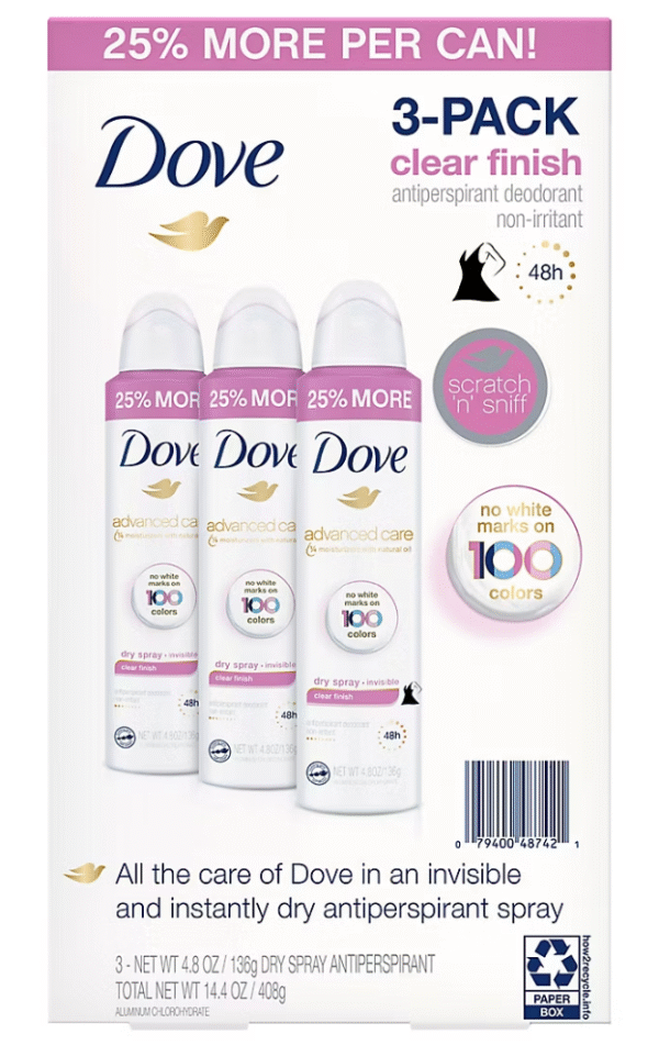 Dove Clear Finish Antiperspirant Spray, 3 ct.
