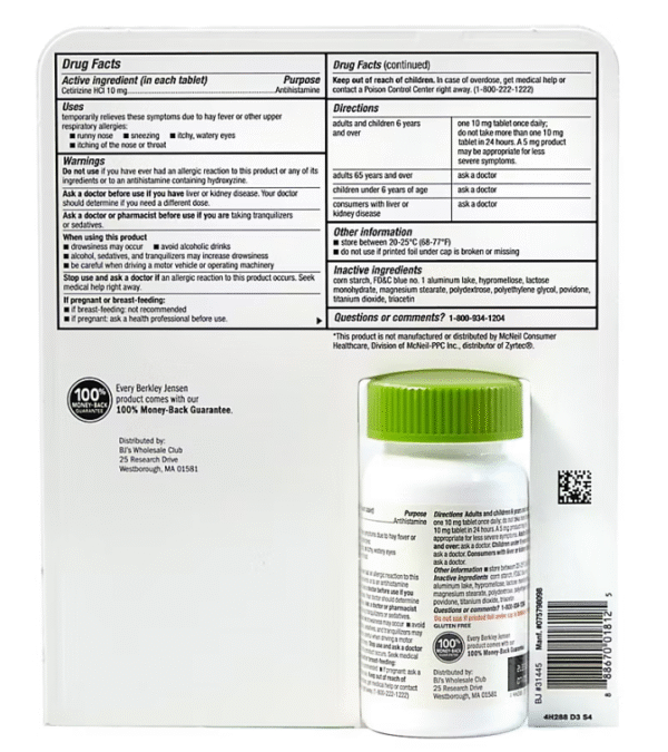 Berkley Jensen Allergy Relief 10mg Cetirizine Hydrochloride Tablets, 365 ct. - Image 3