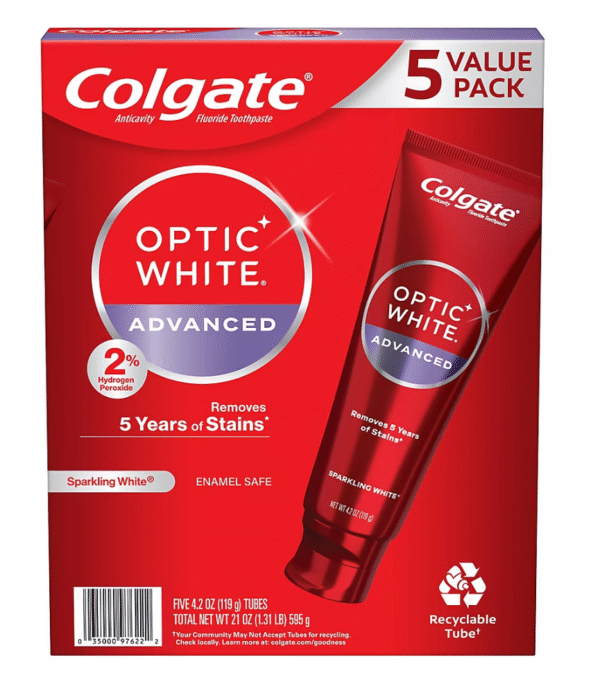 Colgate Optic White Advanced Hydrogen Peroxide Toothpaste 5 pk./4.2 oz. - Sparkling White