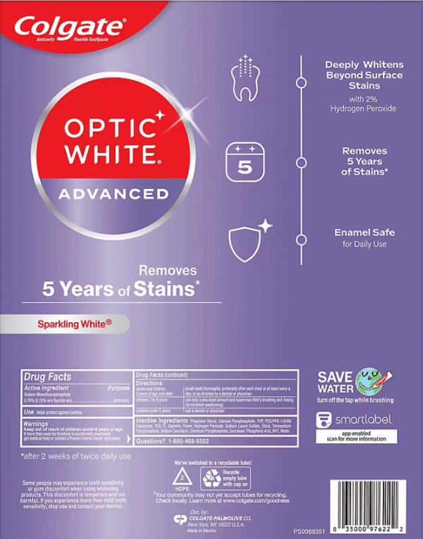 Colgate Optic White Advanced Hydrogen Peroxide Toothpaste 5 pk./4.2 oz. - Sparkling White - Image 2