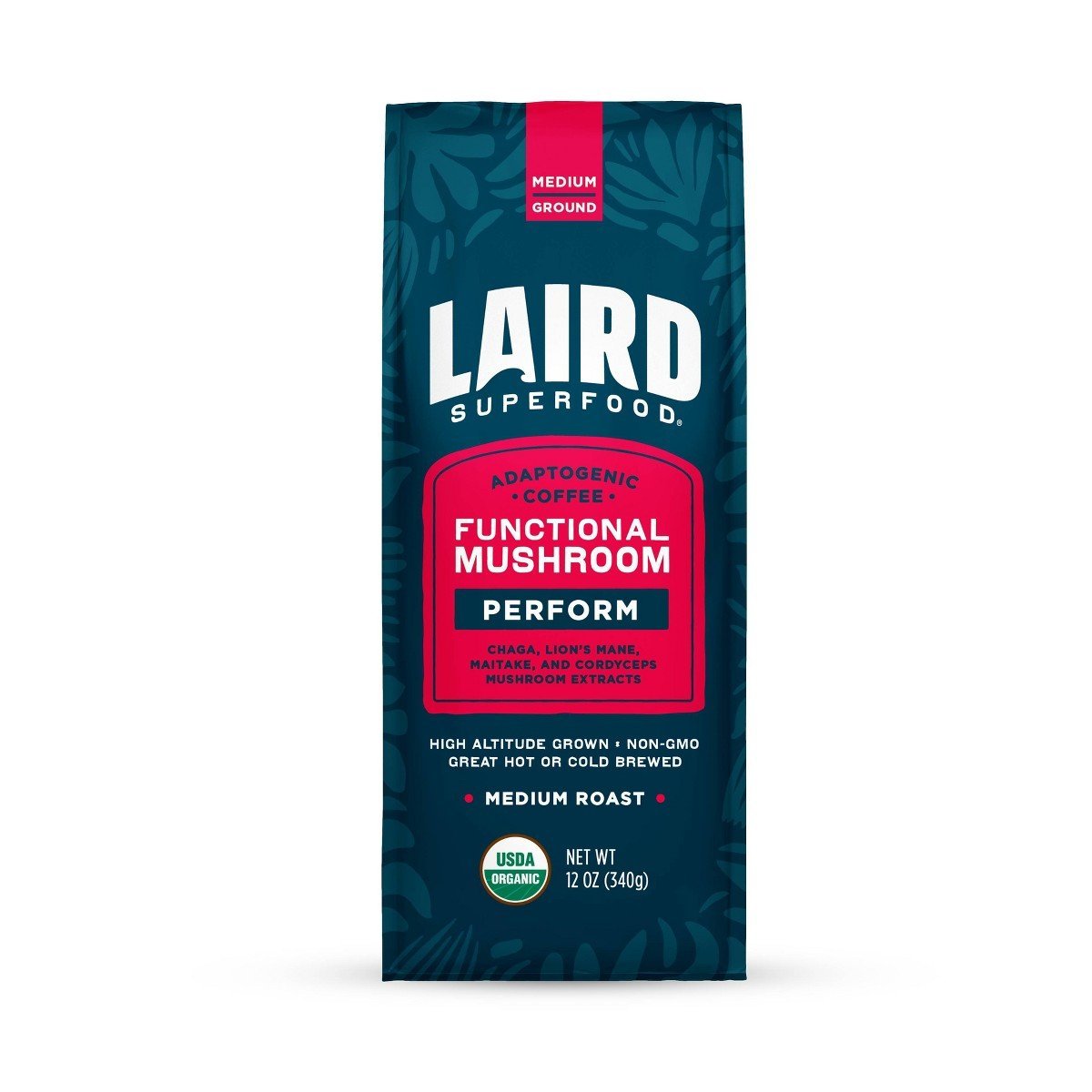 Laird Superfood Medium Roast Ground Organic Coffee with Mushrooms - 12oz: Peruvian, Gluten-Free, Vegan