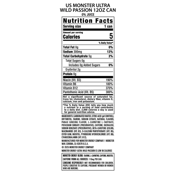 Monster Energy Ultra Wild Passion Zero Sugar Energy Drink - 12 fl oz Can - Image 4