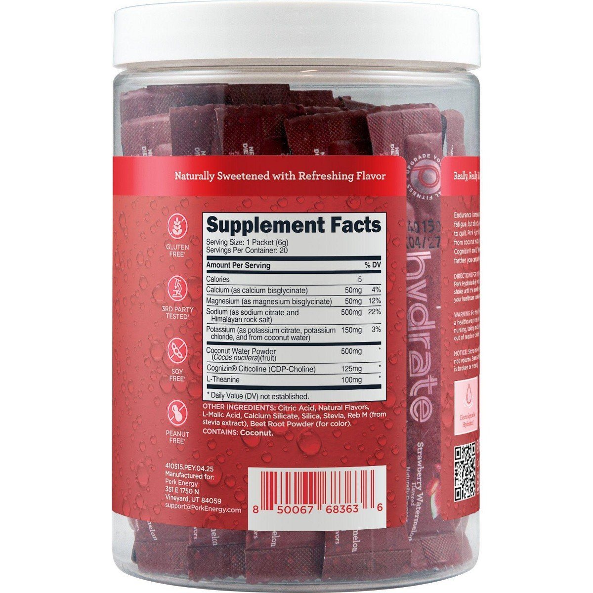 Perk Hydrate Electrolyte Stickpacks (Strawberry Watermelon) 20 Packets - Coconut Water, CDP-Choline, L-Theanine, Gluten-Free, Keto Friendly, Vegan - Image 3