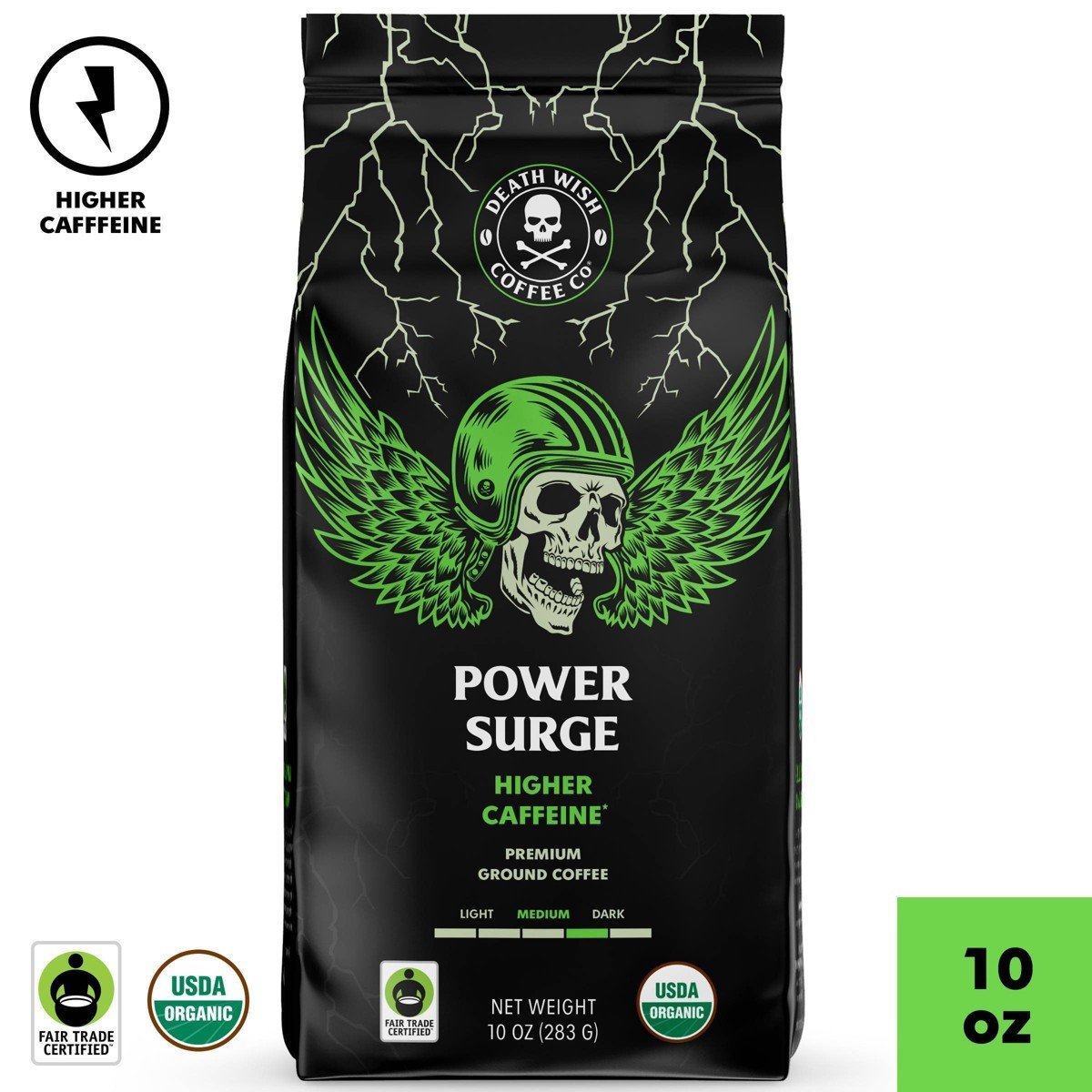 Death Wish Coffee Co Power Surge Medium Dark Roast Ground Coffee - 10oz: Berry, Malt Flavors