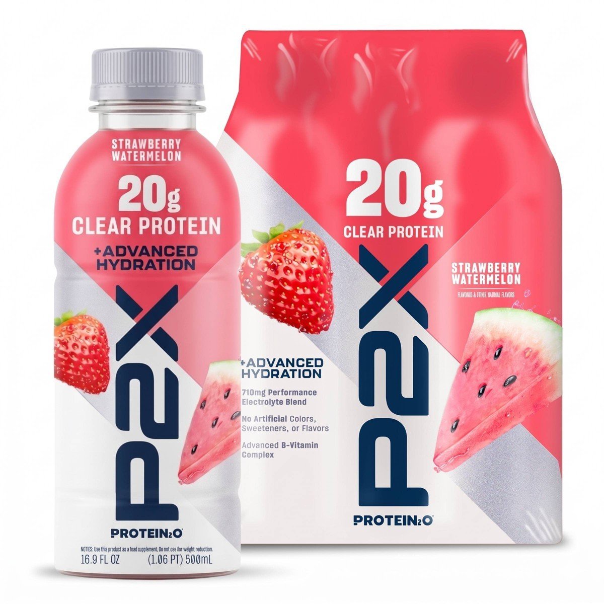 P2X Advanced Hydration 20g Clear Protein Drink With 710mg of Electrolytes - Strawberry Watermelon - 4pk/67.6oz