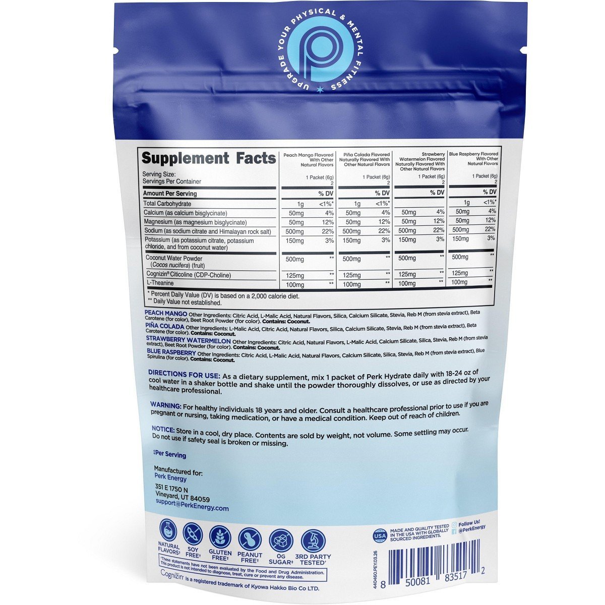 Perk Hydrate Electrolyte Stickpacks (Variety Pack) 8 Packets - Blue Raspberry, Piña Colada, Strawberry Watermelon, Peach Mango - Zero Sugar - Image 3