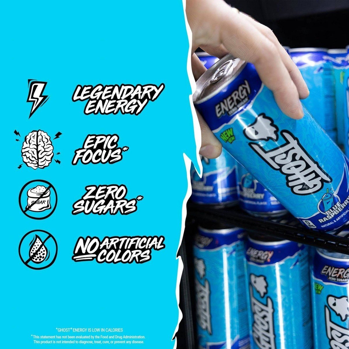Ghost Energy Drink Blue Raspberry Single - 16 fl oz: Caffeinated - Image 4