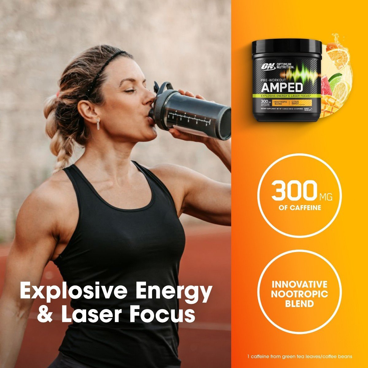 Optimum Nutrition, Pre-Workout Amped Powder, Citrus Mango, High Stim, Sugar-Free, Caffeine, 20 Servings - Image 4