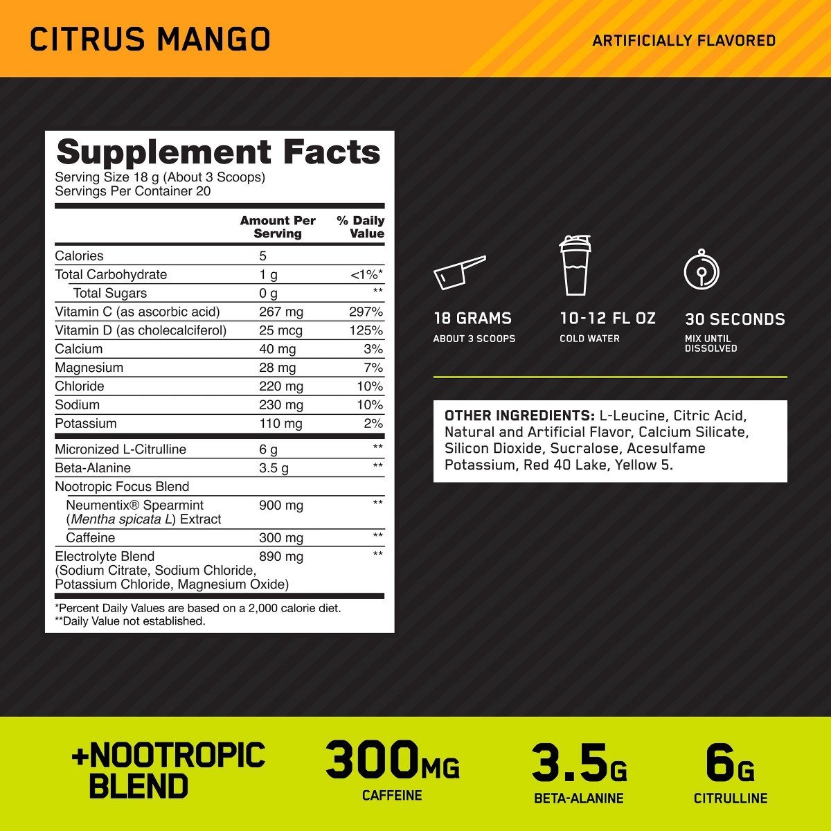 Optimum Nutrition, Pre-Workout Amped Powder, Citrus Mango, High Stim, Sugar-Free, Caffeine, 20 Servings - Image 2