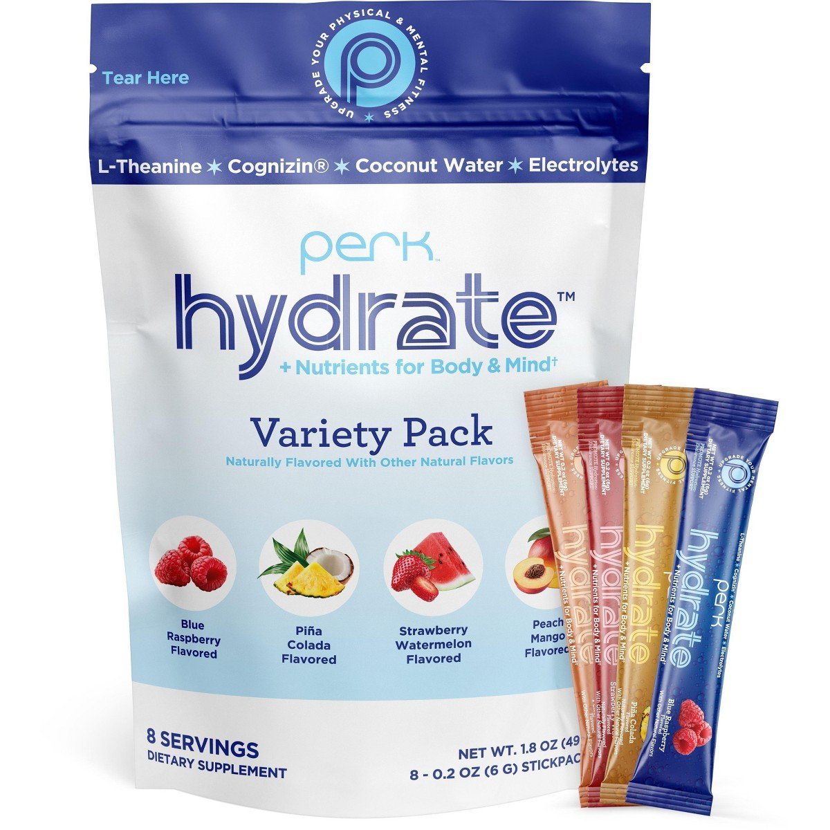 Perk Hydrate Electrolyte Stickpacks (Variety Pack) 8 Packets - Blue Raspberry, Piña Colada, Strawberry Watermelon, Peach Mango - Zero Sugar
