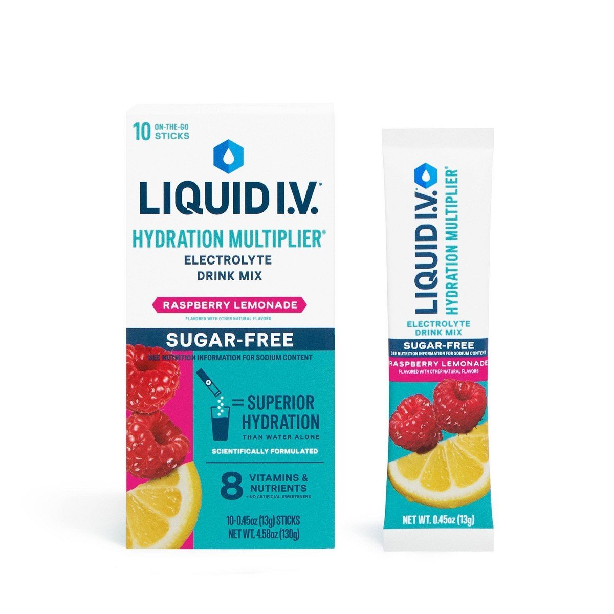 Liquid I.V. Sugar Free Hydration Powder Electrolyte Supplements: Non-Caffeinated Raspberry Lemonade Drink Mix, 10 Pack