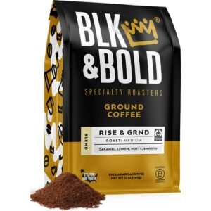 BLK & Bold Specialty Beverages RISE & GRND Medium Roast Ground Coffee - 12oz: Arabica Beans, Honduran Variety, Lemon & Toffee Flavors