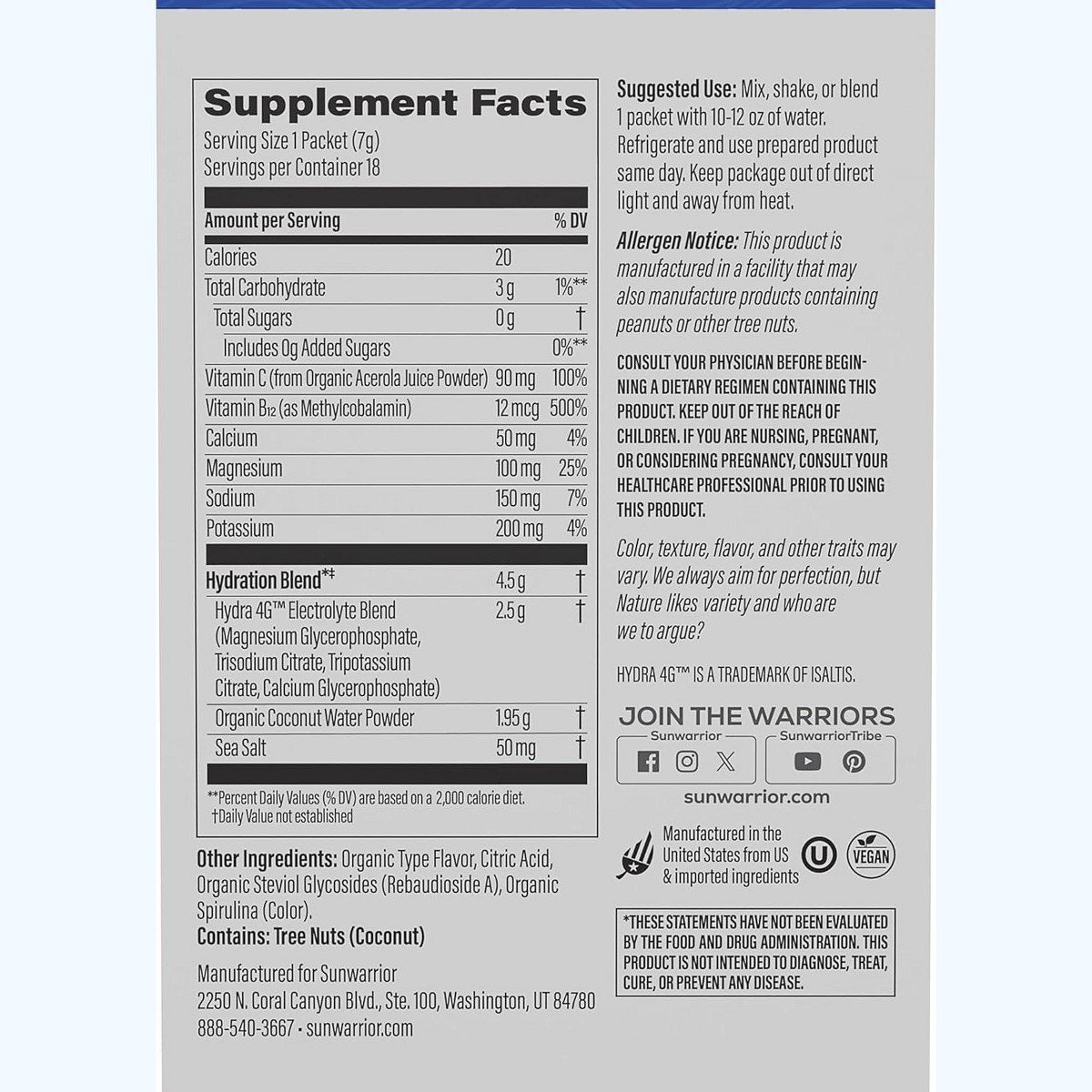 Active Hydration Blue Raspberry Powder, Sugar Free B12 Elderberry and Electrolytes Water Enhancer, Sunwarrior, 18 Sticks - Image 2