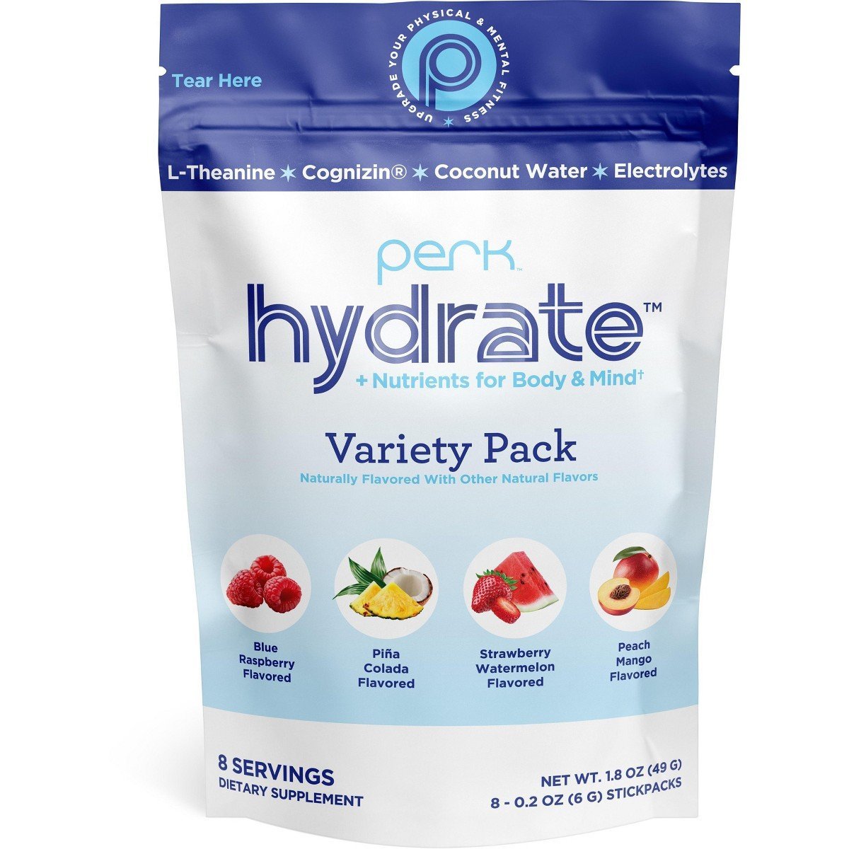 Perk Hydrate Electrolyte Stickpacks (Variety Pack) 8 Packets - Blue Raspberry, Piña Colada, Strawberry Watermelon, Peach Mango - Zero Sugar - Image 4