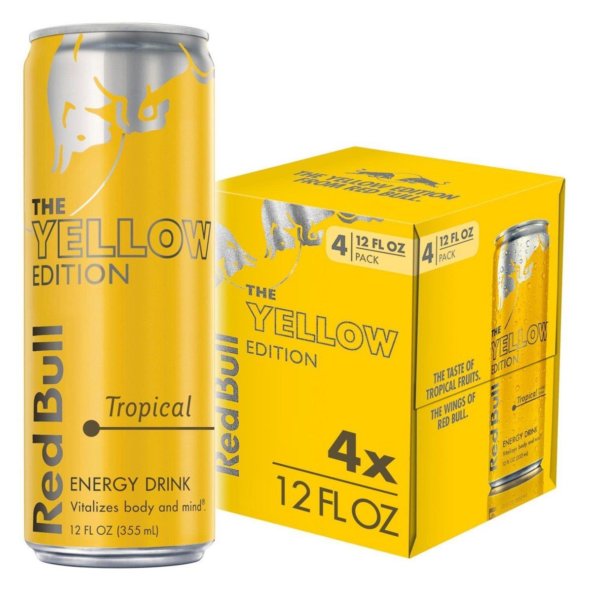 Red Bull Yellow Edition Energy Drink - Tropical 4pk/12 fl oz Cans: Caffeinated, Low Fat, No Artificial Flavors