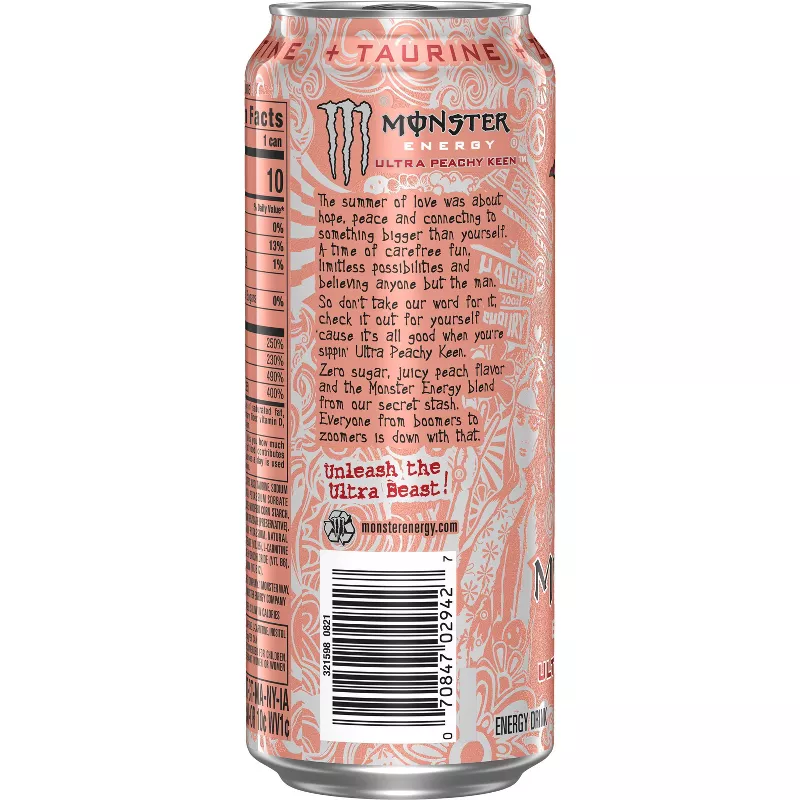 Monster Energy Ultra Peachy Keen Energy Drink - 16 fl oz: Low Sodium, No Artificial Colors, Caffeinated - Image 2