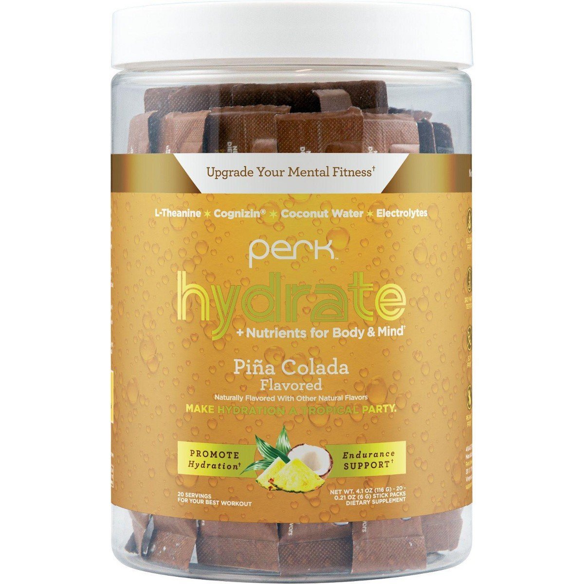 Perk Hydrate Electrolyte Stickpacks (Pina Colada) 20 Packets - Coconut Water, CDP-Choline, L-Theanine, Gluten-Free, Keto Friendly, Vegan