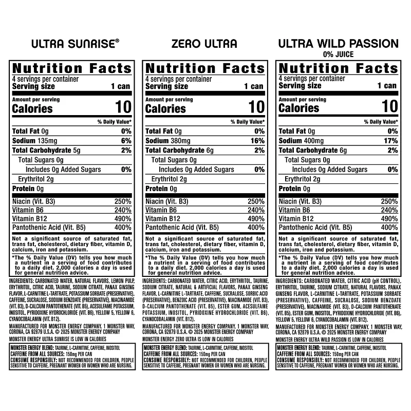 Monster Energy Ultra Zero, Ultra Sunrise, Ultra Wild Passion - 16 fl oz/12pk Cans: Caffeinated - Image 2