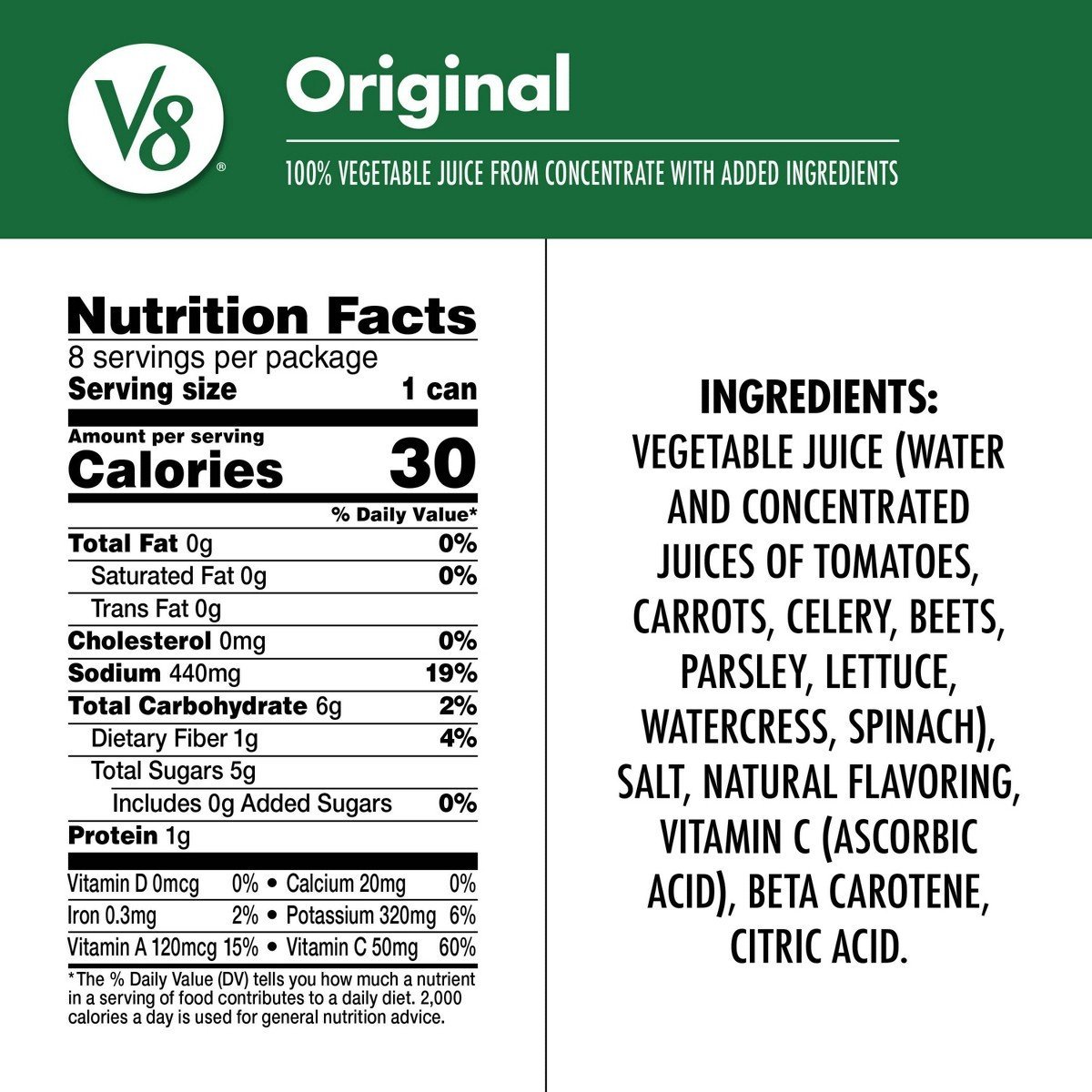 V8 Original 100% Vegetable Juice - 8pk/5.5 fl oz Cans: Low Calorie, Fat Free, Gluten-Free - Image 3