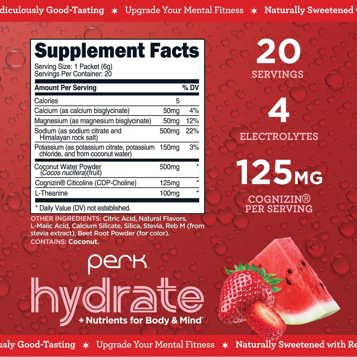 Perk Hydrate Electrolyte Stickpacks (Strawberry Watermelon) 20 Packets - Coconut Water, CDP-Choline, L-Theanine, Gluten-Free, Keto Friendly, Vegan - Image 2