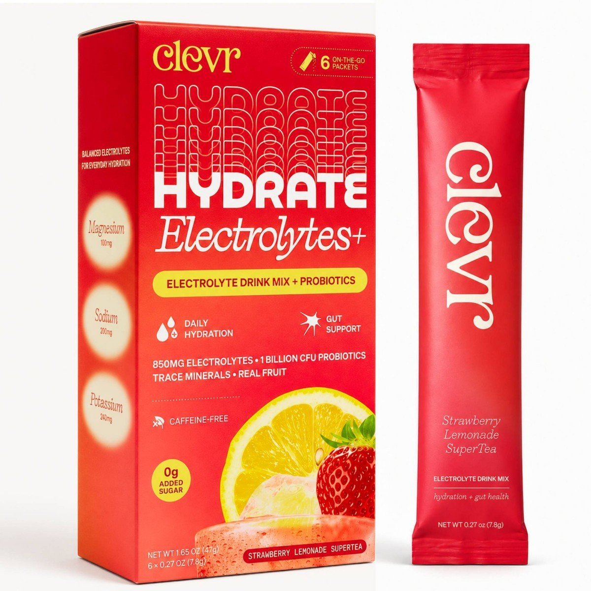 Clevr Hydration Electrolyte Mix with Gut Supporting Probiotics - Strawberry Lemonade, Non-Caffeinated- 0.27oz/6ct