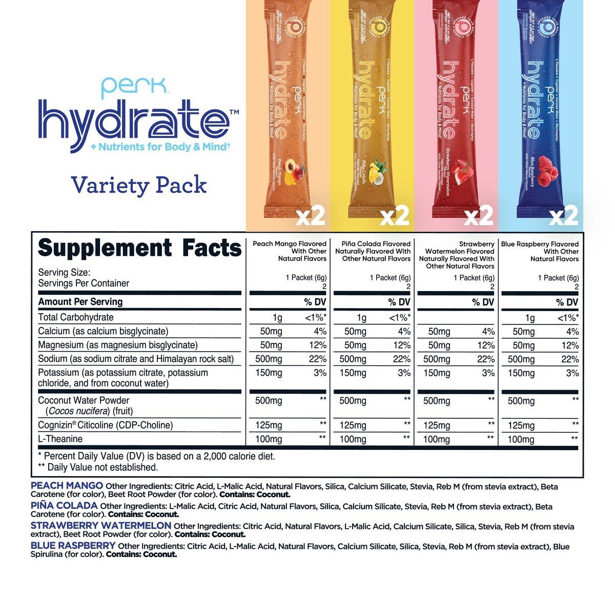 Perk Hydrate Electrolyte Stickpacks (Variety Pack) 8 Packets - Blue Raspberry, Piña Colada, Strawberry Watermelon, Peach Mango - Zero Sugar - Image 2