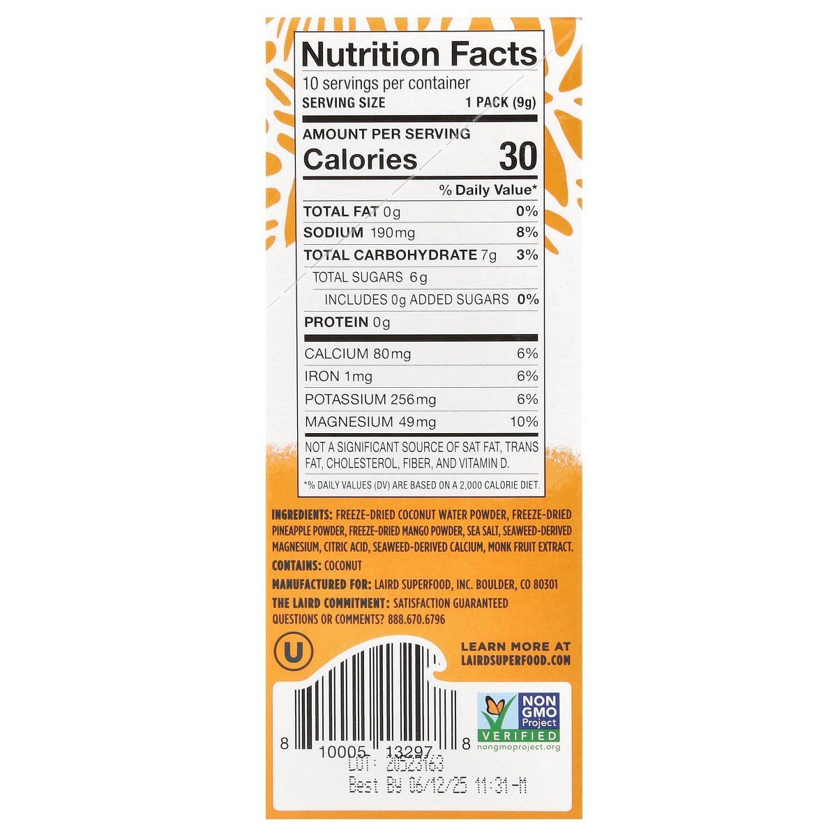 Laird Superfood Hydrate Coconut Water, Electrolyte Drink Mix, Mango Pineapple, 10 Single Serve Packs, 0.3 oz (9 g) Each - Image 2