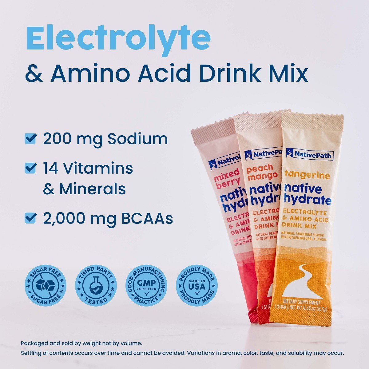NativePath Hydrate Electrolyte Stick Packs - Zero Sugar with 2,000mg BCAAs, Variety Pack: Mixed Berry, Peach Mango & Tangerine, 30 Servings - Image 3