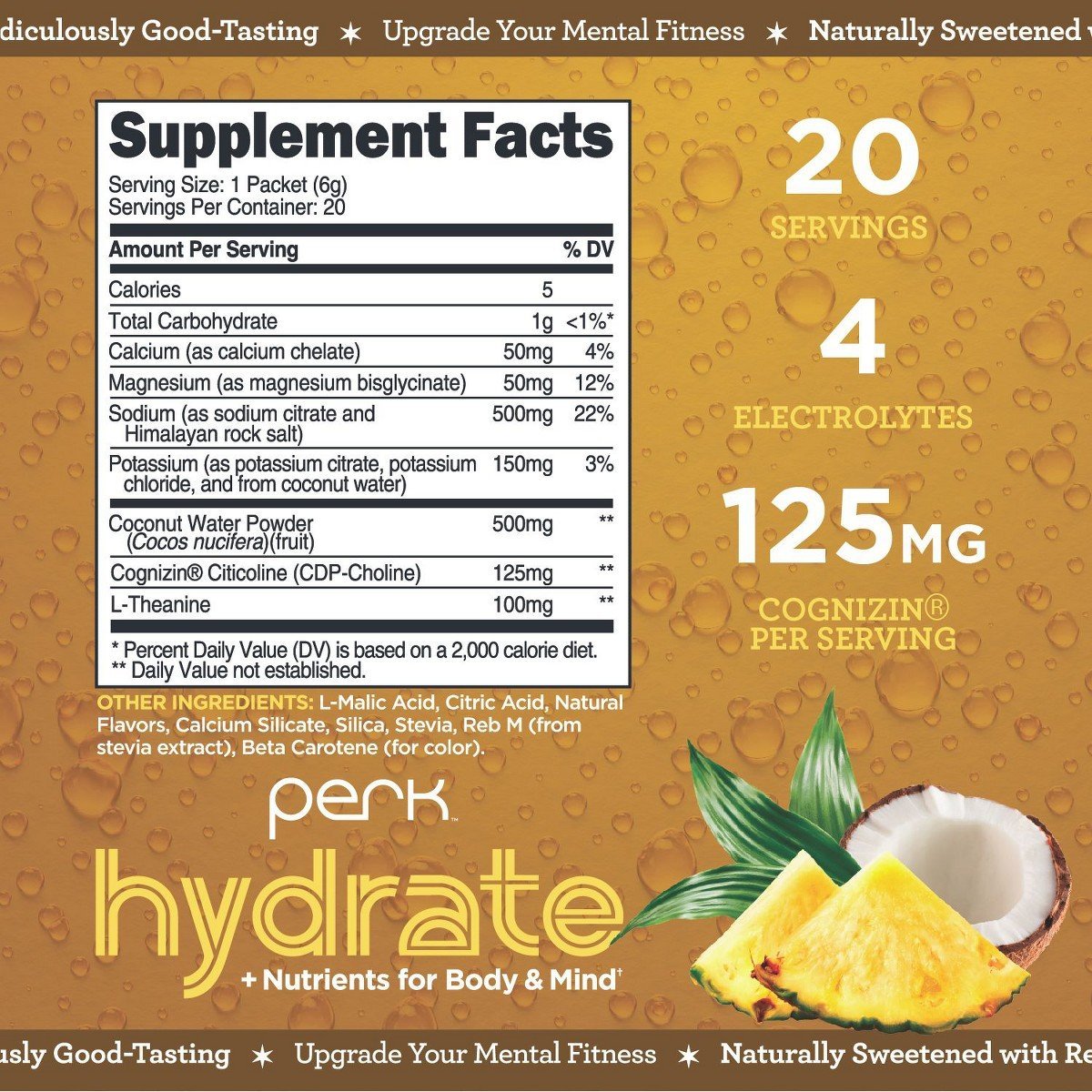 Perk Hydrate Electrolyte Stickpacks (Pina Colada) 20 Packets - Coconut Water, CDP-Choline, L-Theanine, Gluten-Free, Keto Friendly, Vegan - Image 2