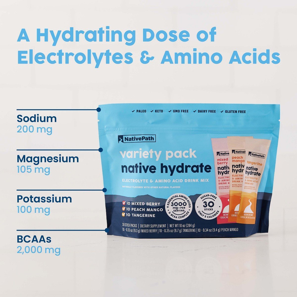 NativePath Hydrate Electrolyte Stick Packs - Zero Sugar with 2,000mg BCAAs, Variety Pack: Mixed Berry, Peach Mango & Tangerine, 30 Servings - Image 5
