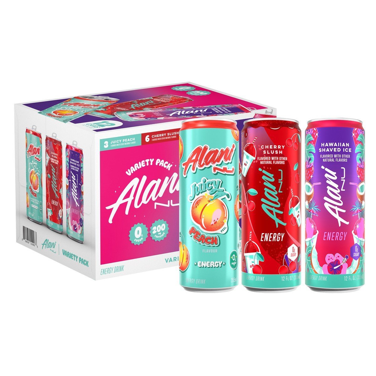 Alani Nu Variety Pack Energy Drink (Cherry Slush, Hawaiian Shaved Ice, Peach) - 12pk/12 fl oz Cans: Caffeinated