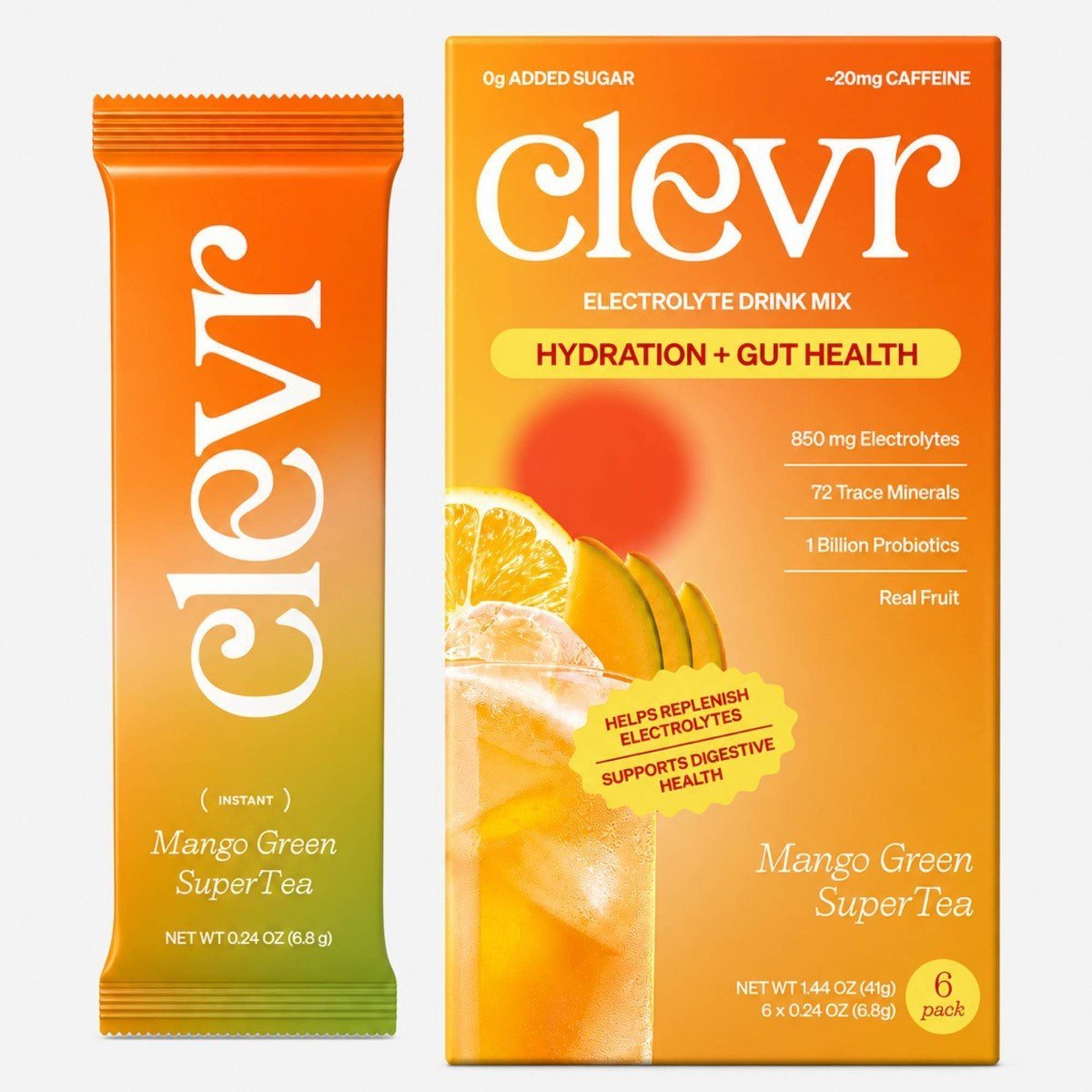 Clevr Hydration Electrolyte Mix with Gut Supporting Probiotics - Mango Green Tea, Low Caffeine - 0.24oz/6ct