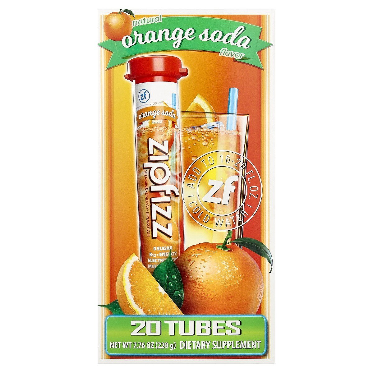 Zipfizz Energy Drink Mix, Electrolyte Hydration Powder with B12 and Multi Vitamin, Orange Soda (20 Pack)