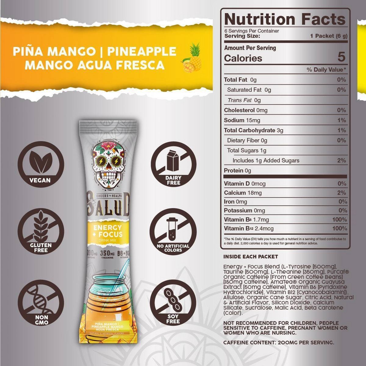 Salud Energy + Focus Pineapple Mango Electrolyte Drink Mix - 6pk/0.21oz Packet Sticks - Image 4