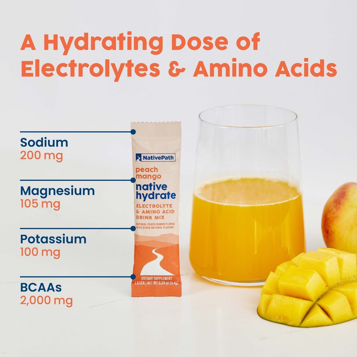 NativePath Hydrate Electrolyte Stick Packs - Zero Sugar with 2,000mg BCAAs, Peach Mango, 30 Servings - Image 5