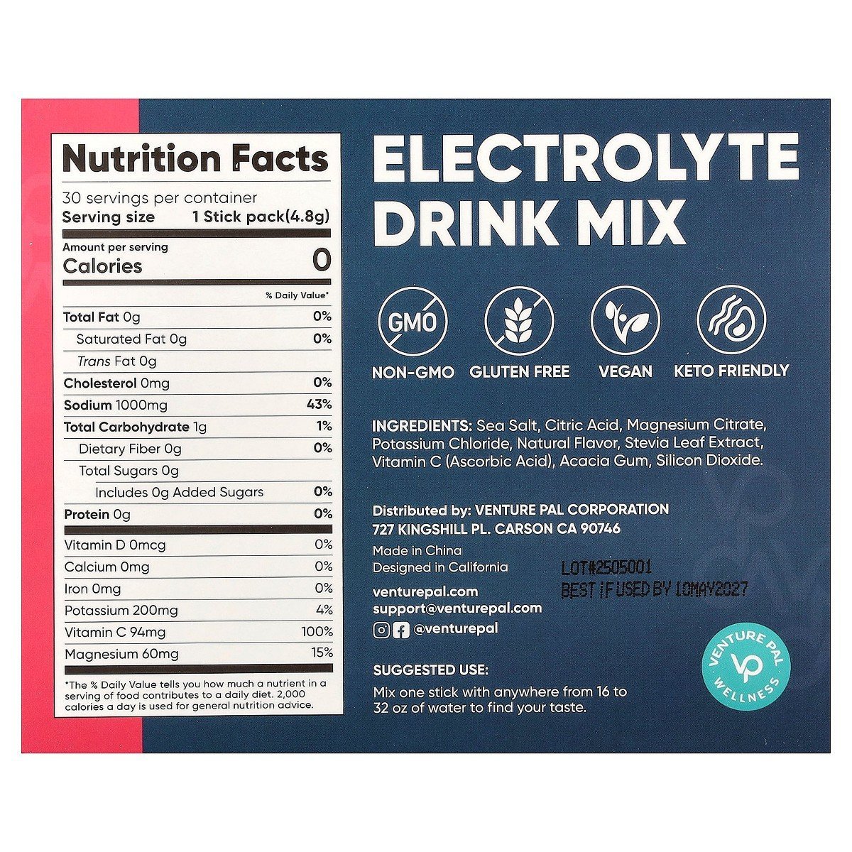 Venture Pal Electrolyte Drink Mix, Strawberry, 30 Stick Packs, 0.17 oz (4.8 g) Each - Image 2