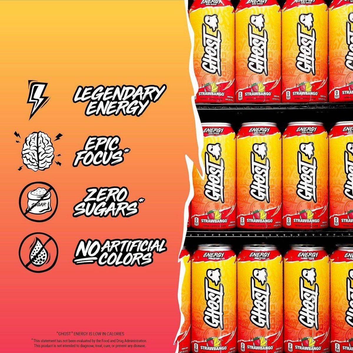 GHOST Energy Drink Strawbango Single - 16oz: Sugar-Free, Gluten-Free, Vegan - Image 4