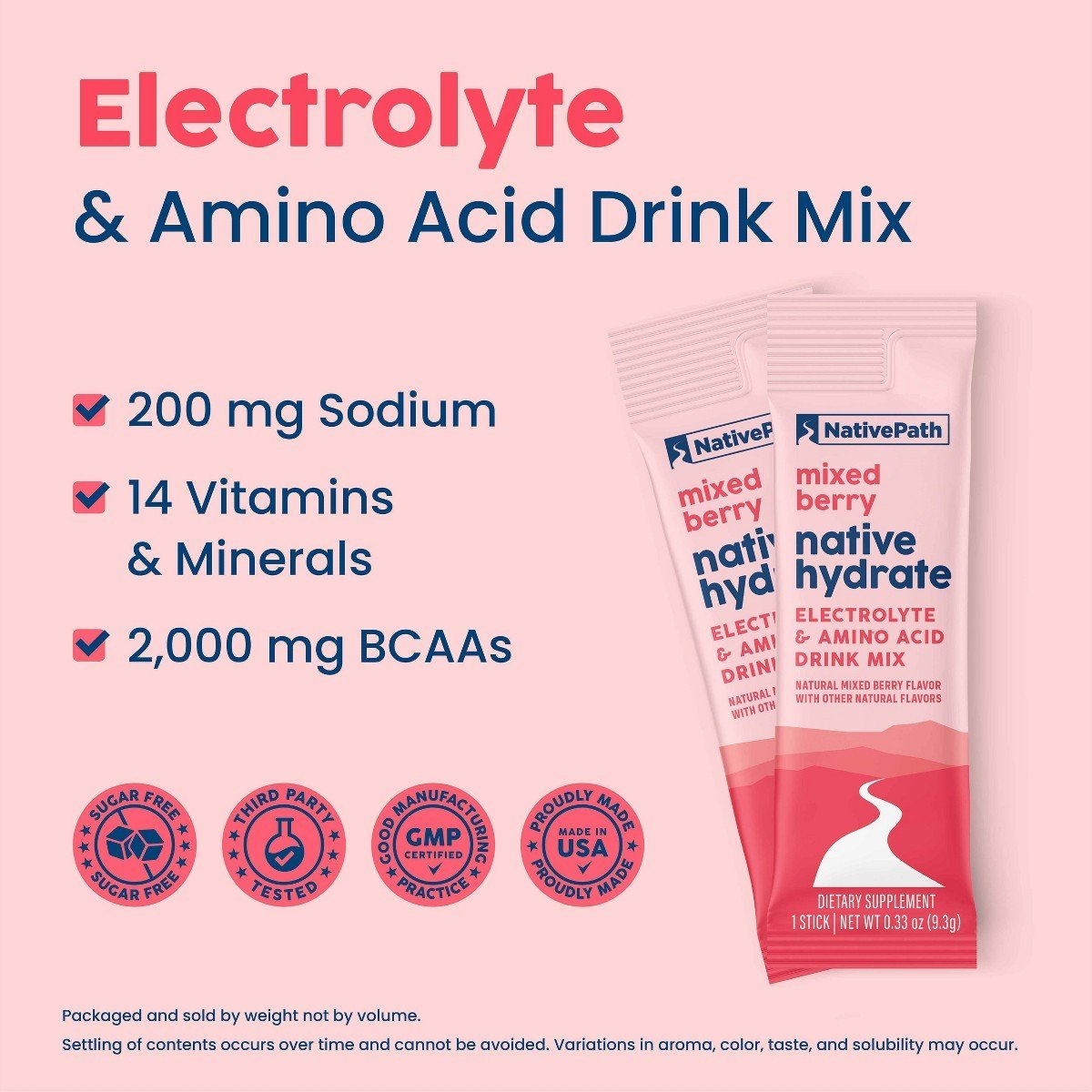 NativePath Hydrate Electrolyte Stick Packs - Zero Sugar with 2,000mg BCAAs, Mixed Berry, 30 Servings - Image 3