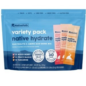 NativePath Hydrate Electrolyte Stick Packs - Zero Sugar with 2,000mg BCAAs, Variety Pack: Mixed Berry, Peach Mango & Tangerine, 30 Servings