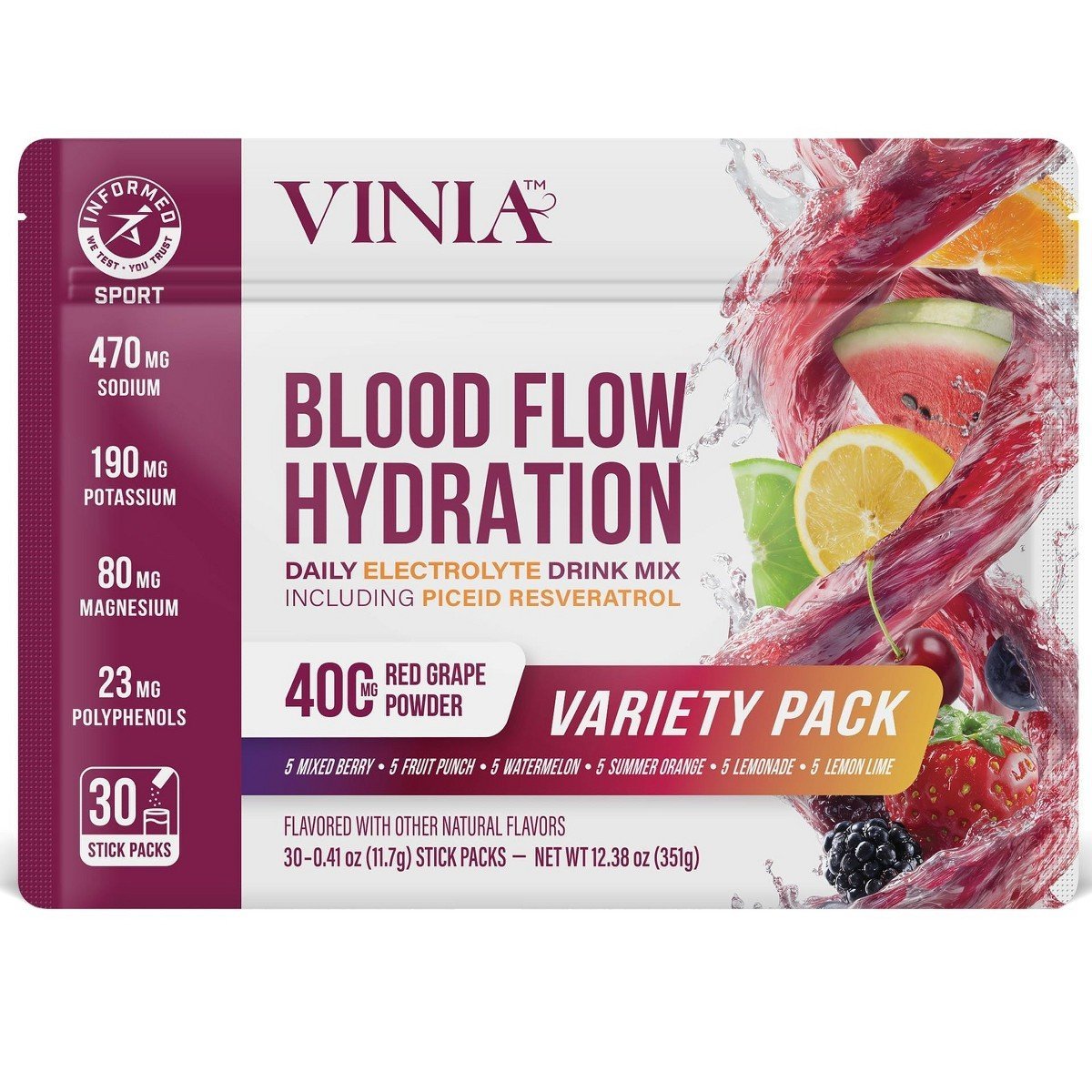 VINIA Blood Flow Electrolyte Drink Mix, Variety Pack, Red Grape Piceid Resveratrol Powder, Hydration Support, 30 Stickpacks
