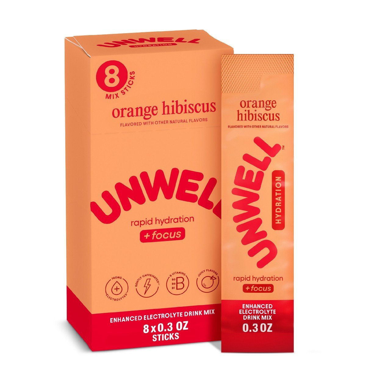 Unwell Hydration Electrolyte Stick Pack for Rapid Hydration - Orange Hibiscus - 8pk