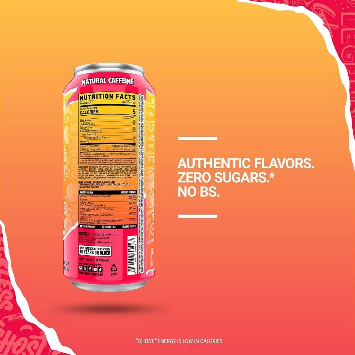 GHOST Energy Drink Strawbango Single - 16oz: Sugar-Free, Gluten-Free, Vegan - Image 3