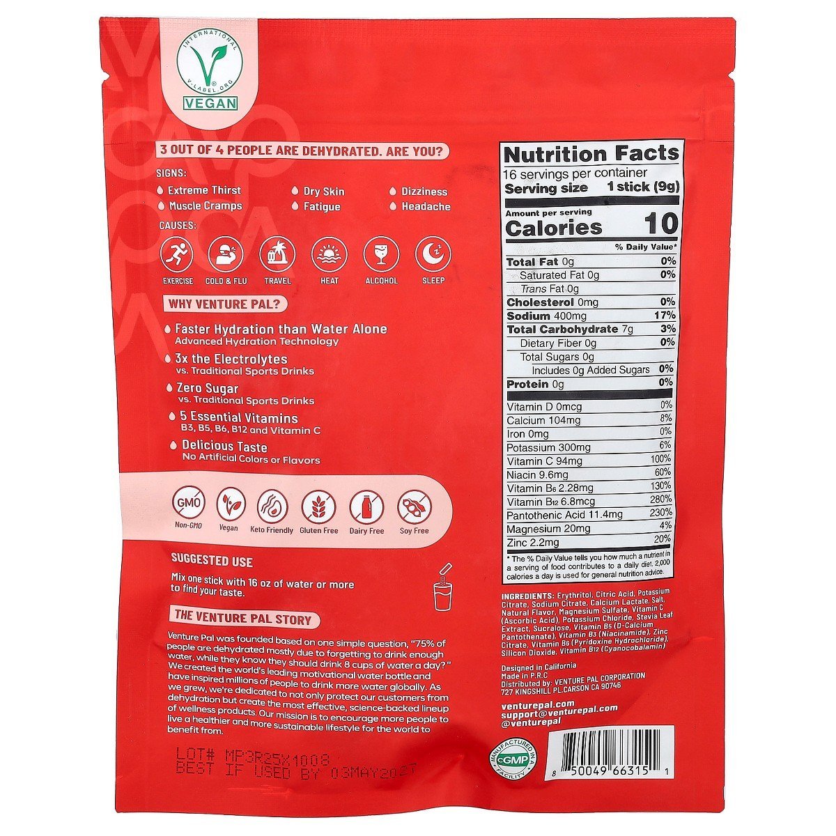 Venture Pal Hydration Boost, Electrolyte Drink Mix, Cherry, 16 Sticks, 0.32 oz (9 g) Each - Image 2