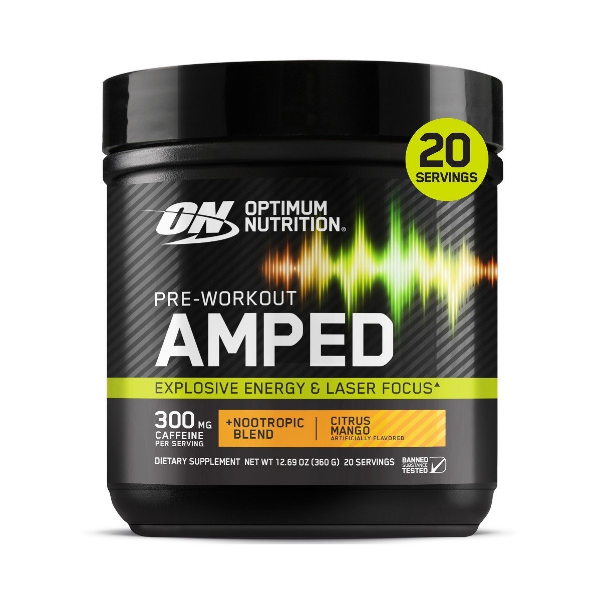 Optimum Nutrition, Pre-Workout Amped Powder, Citrus Mango, High Stim, Sugar-Free, Caffeine, 20 Servings