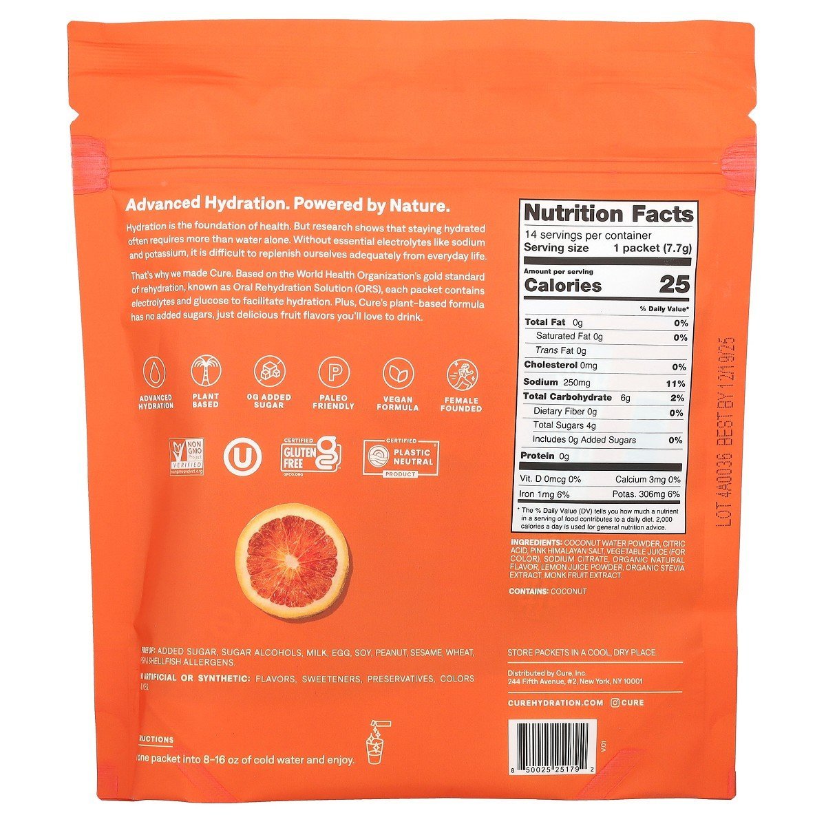 Cure Hydration Electrolyte Drink Mix, Blood Orange, 14 Packets, 0.27 oz (7.7 g) Each - Image 2