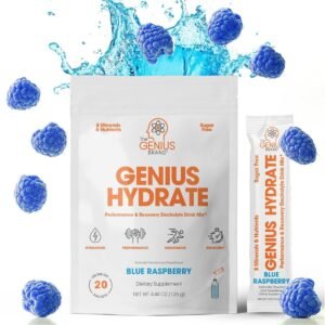 The Genius Brand Hydrate Stick Pack Powder Drink Mix – Natural Electrolyte Booster with Coconut Water & Potassium, Blue Raspberry - 4.44 Oz,20 Packets