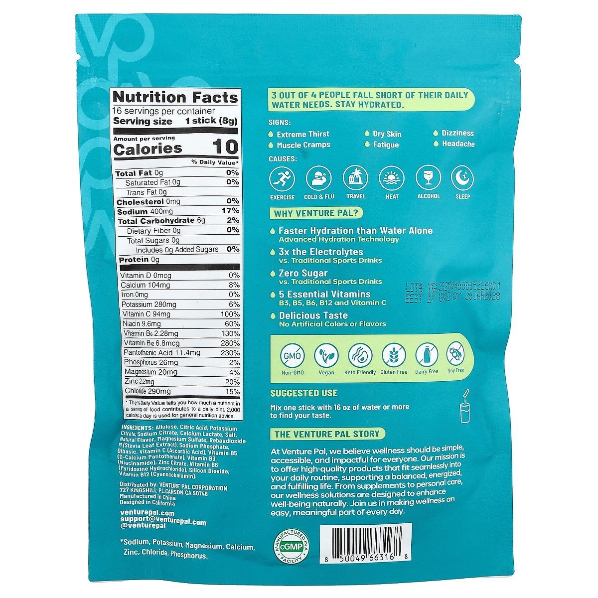 Venture Pal Hydration Boost, Electrolyte Drink Mix, Variety Pack, 16 Stick Packs, 0.28 oz (8 g) Each - Image 2